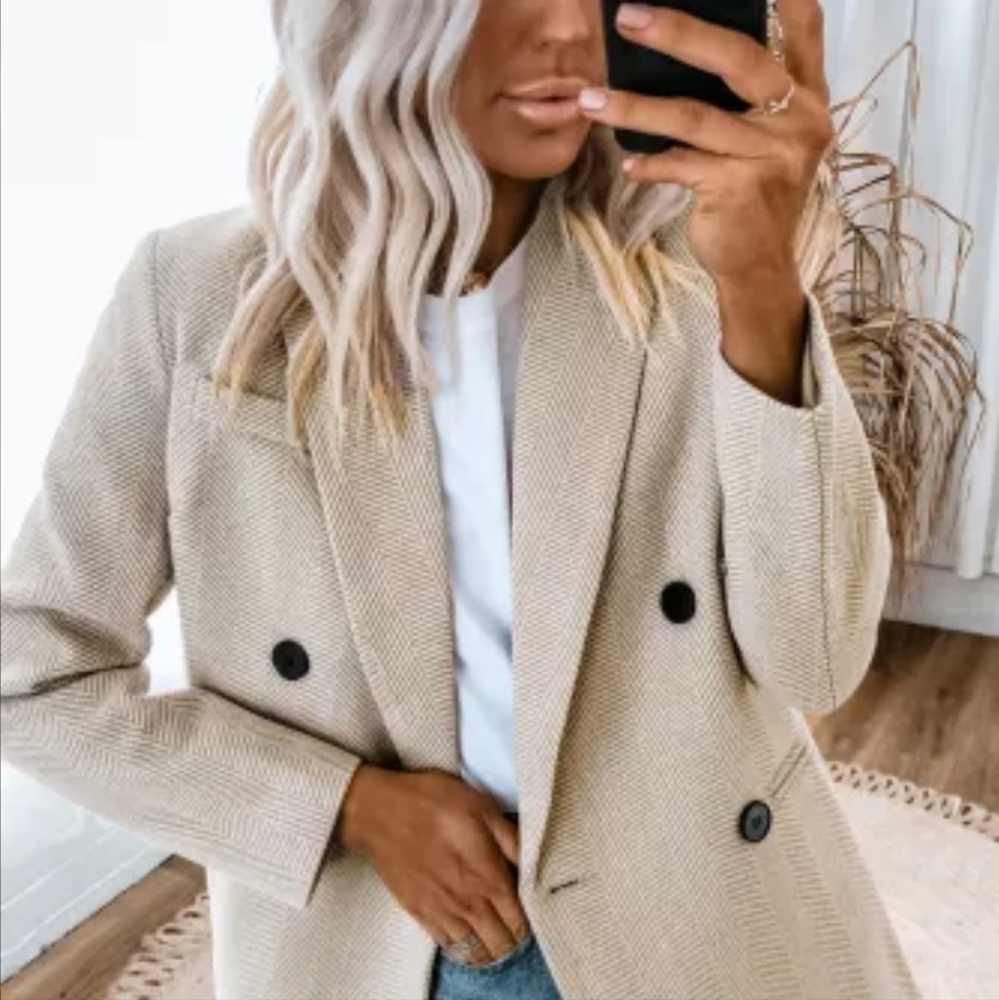 🙂New Chevron Ribbed Double Breasted Lapel Collar Blazer - Picture 2 of 16
